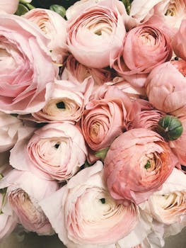 Close-up of a romantic bouquet of pink ranunculus flowers, ideal for weddings.